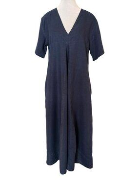 LJC Designs Handmade 100% Linen Navy Blue V-Neck Short-Sleeve Dress Size Large
